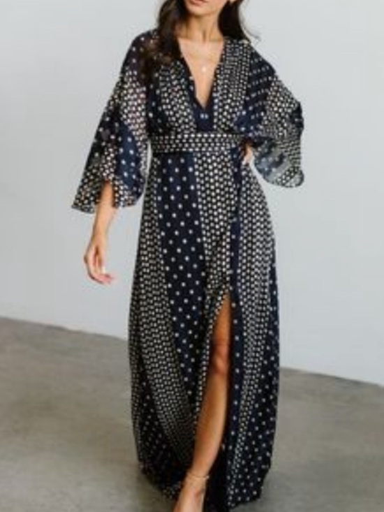 Soieblu Dresses & Skirts - Baltic Born Soieblu Navy Blue Polka Dot Kimono Sleeve Maxi Dress Small